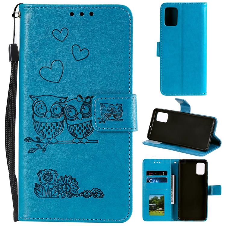 Embossing Owl Couple Flower Leather Wallet Case for Samsung Galaxy S20 - Blue