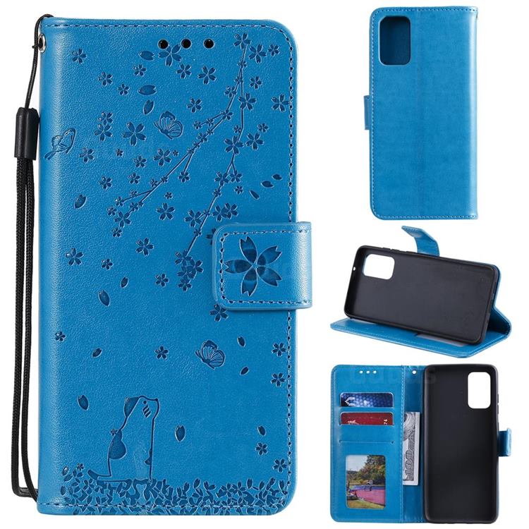 Embossing Cherry Blossom Cat Leather Wallet Case for Samsung Galaxy S20 - Blue