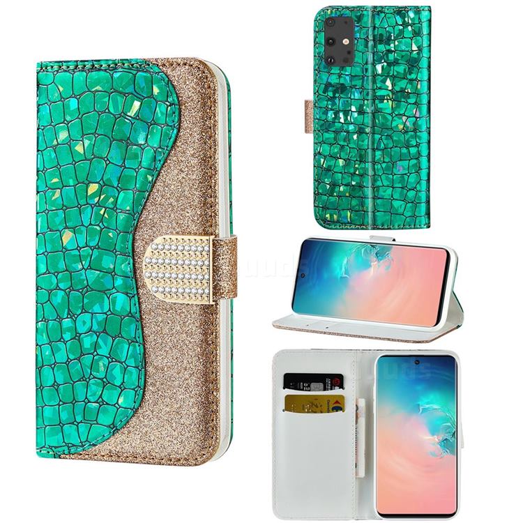 Glitter Diamond Buckle Laser Stitching Leather Wallet Phone Case for Samsung Galaxy S20 - Green