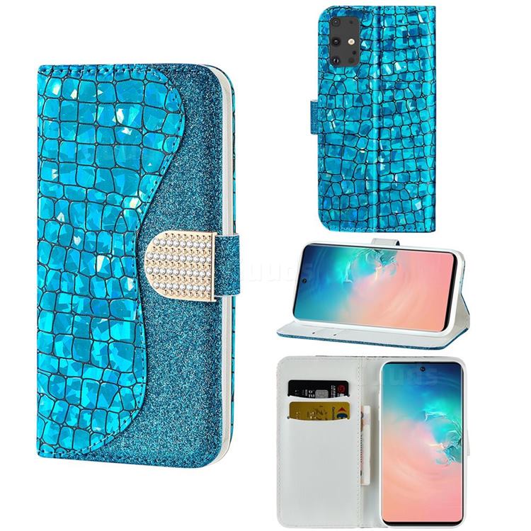 Glitter Diamond Buckle Laser Stitching Leather Wallet Phone Case for Samsung Galaxy S20 - Blue