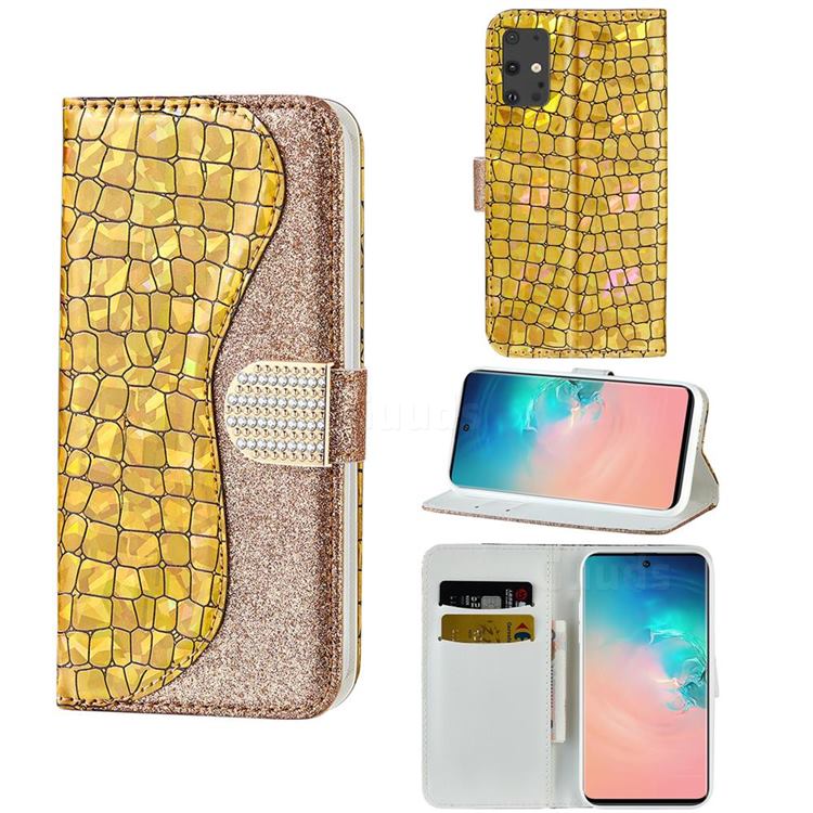 Glitter Diamond Buckle Laser Stitching Leather Wallet Phone Case for Samsung Galaxy S20 - Gold
