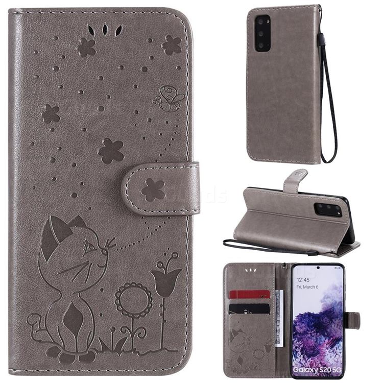 Embossing Bee and Cat Leather Wallet Case for Samsung Galaxy S20 - Gray