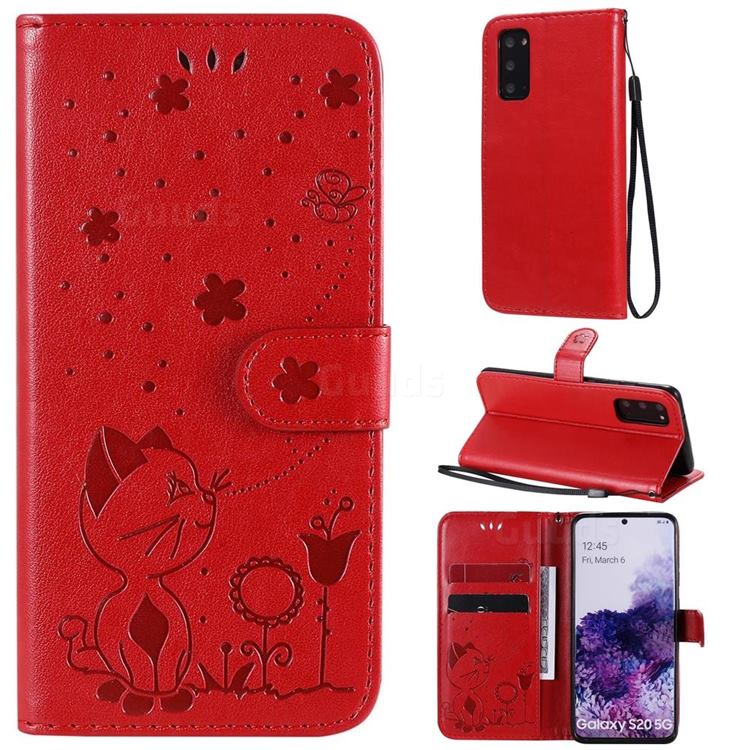 Embossing Bee and Cat Leather Wallet Case for Samsung Galaxy S20 - Red