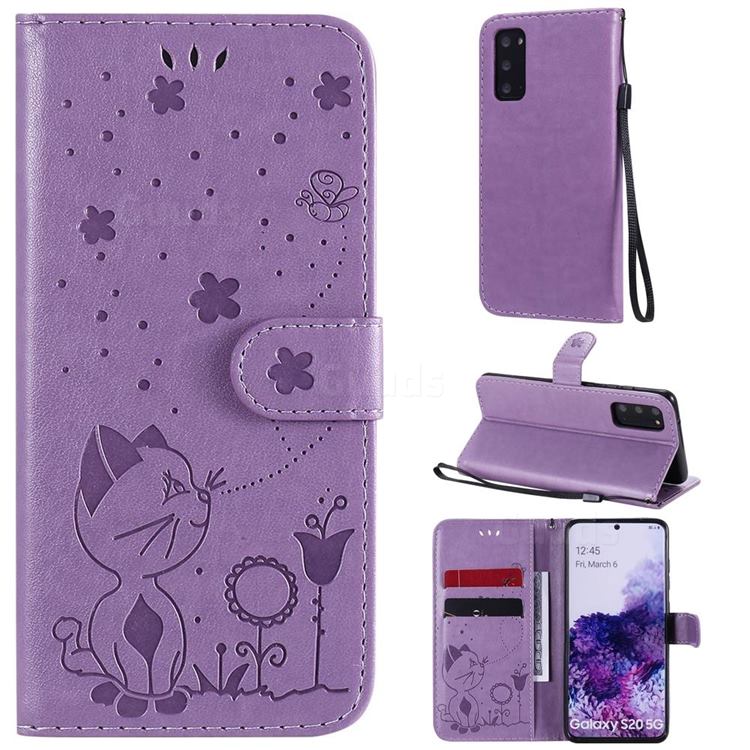 Embossing Bee and Cat Leather Wallet Case for Samsung Galaxy S20 - Purple