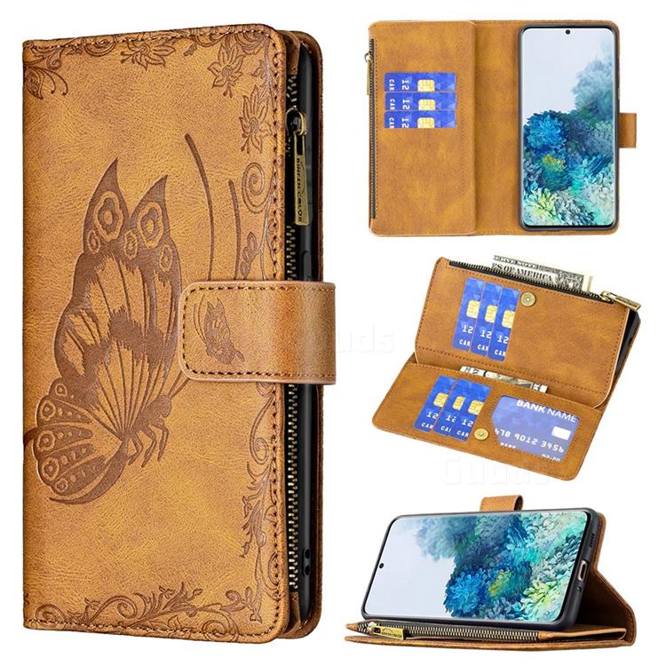 Binfen Color Imprint Vivid Butterfly Buckle Zipper Multi-function Leather Phone Wallet for Samsung Galaxy S20 - Brown