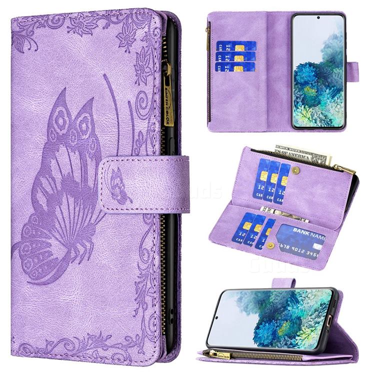 Binfen Color Imprint Vivid Butterfly Buckle Zipper Multi-function Leather Phone Wallet for Samsung Galaxy S20 - Purple