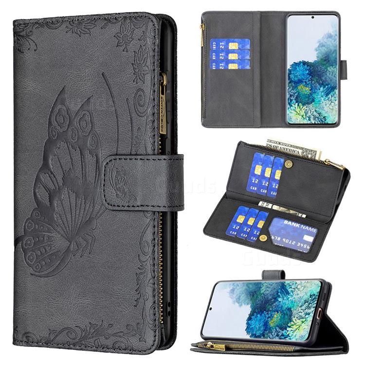 Binfen Color Imprint Vivid Butterfly Buckle Zipper Multi-function Leather Phone Wallet for Samsung Galaxy S20 - Black