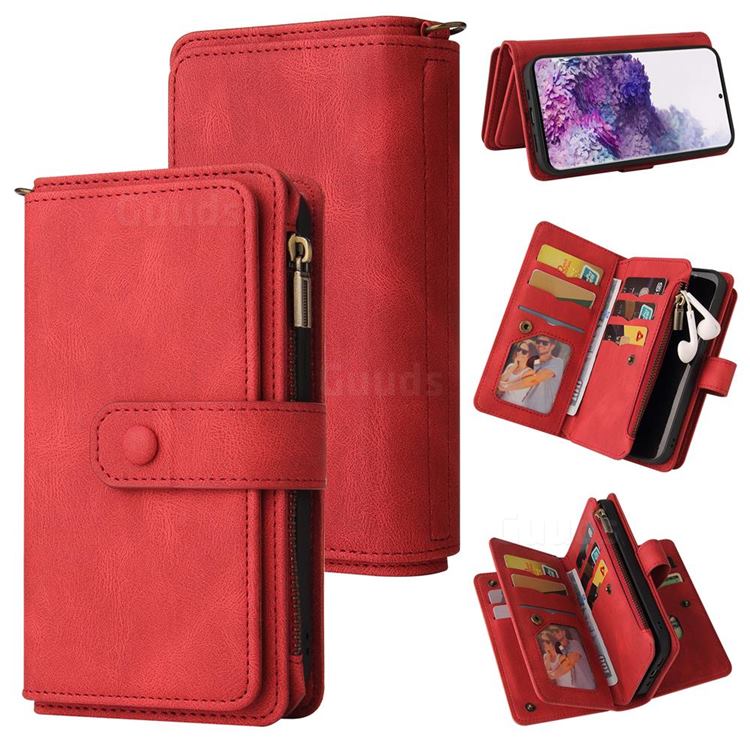 Luxury Multi-functional Zipper Wallet Leather Phone Case Cover for Samsung Galaxy S20 - Red