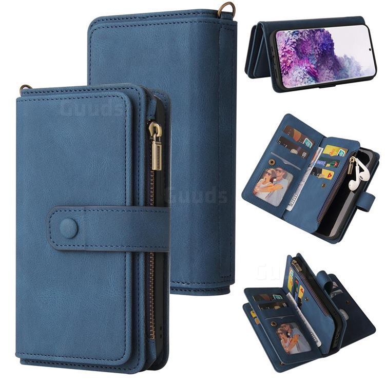 Luxury Multi-functional Zipper Wallet Leather Phone Case Cover for Samsung Galaxy S20 - Blue