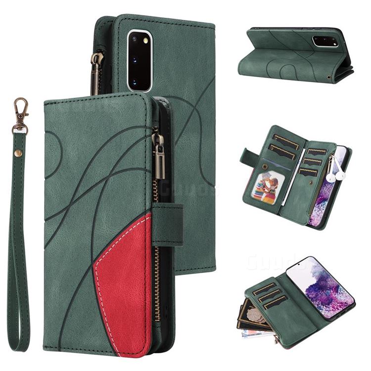 Luxury Two-color Stitching Multi-function Zipper Leather Wallet Case Cover for Samsung Galaxy S20 - Green