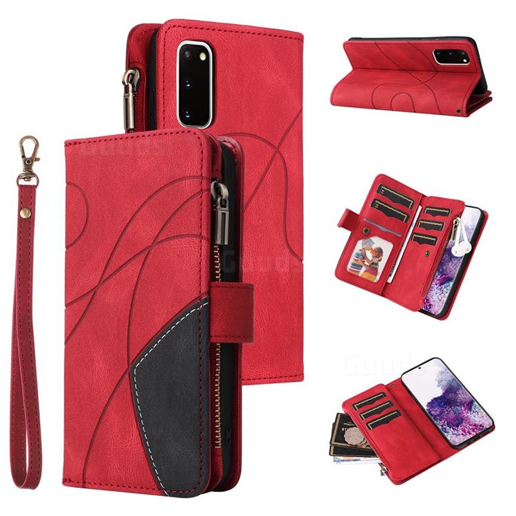 Luxury Two-color Stitching Multi-function Zipper Leather Wallet Case Cover for Samsung Galaxy S20 - Red