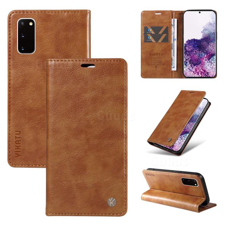 YIKATU Litchi Card Magnetic Automatic Suction Leather Flip Cover for Samsung Galaxy S20 - Brown