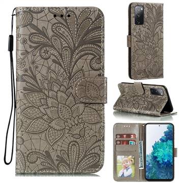 Intricate Embossing Lace Jasmine Flower Leather Wallet Case for Samsung Galaxy S20 FE / S20 Lite - Gray