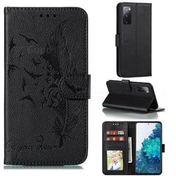 Intricate Embossing Lychee Feather Bird Leather Wallet Case for Samsung Galaxy S20 FE / S20 Lite - Black
