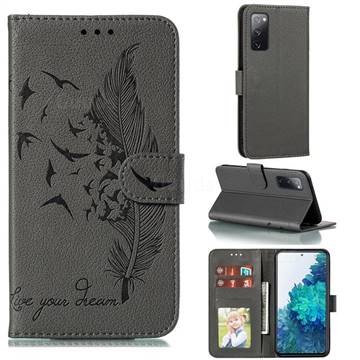 Intricate Embossing Lychee Feather Bird Leather Wallet Case for Samsung Galaxy S20 FE / S20 Lite - Gray