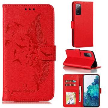 Intricate Embossing Lychee Feather Bird Leather Wallet Case for Samsung Galaxy S20 FE / S20 Lite - Red
