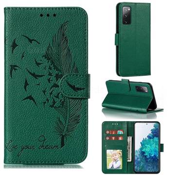 Intricate Embossing Lychee Feather Bird Leather Wallet Case for Samsung Galaxy S20 FE / S20 Lite - Green