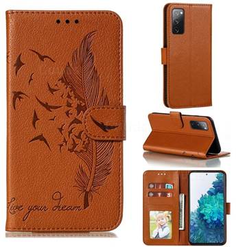 Intricate Embossing Lychee Feather Bird Leather Wallet Case for Samsung Galaxy S20 FE / S20 Lite - Brown