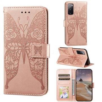 Intricate Embossing Rose Flower Butterfly Leather Wallet Case for Samsung Galaxy S20 FE / S20 Lite - Rose Gold