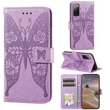 Intricate Embossing Rose Flower Butterfly Leather Wallet Case for Samsung Galaxy S20 FE / S20 Lite - Purple