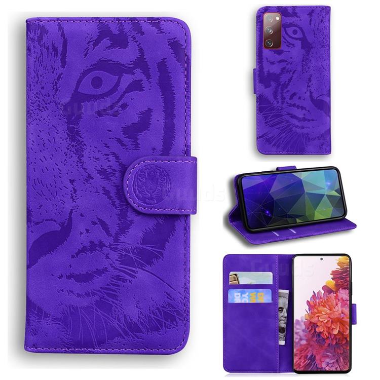 Intricate Embossing Tiger Face Leather Wallet Case for Samsung Galaxy S20 FE / S20 Lite - Purple