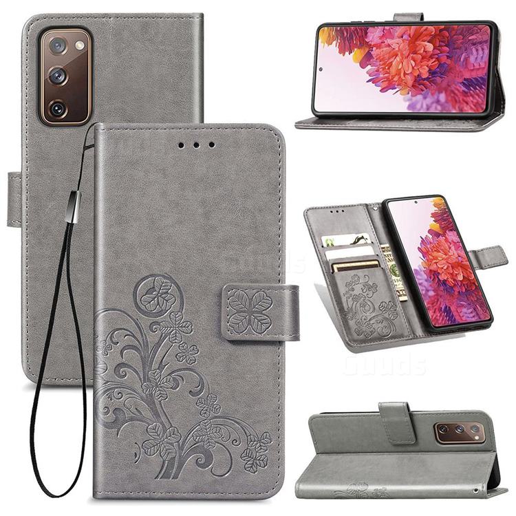Embossing Imprint Four-Leaf Clover Leather Wallet Case for Samsung Galaxy S20 FE / S20 Lite - Grey
