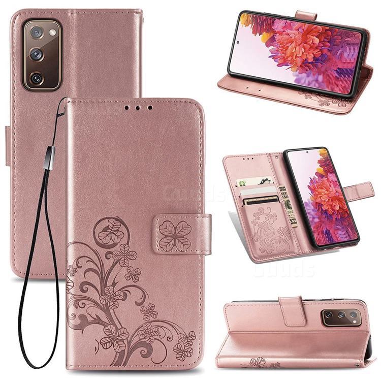 Embossing Imprint Four-Leaf Clover Leather Wallet Case for Samsung Galaxy S20 FE / S20 Lite - Rose Gold