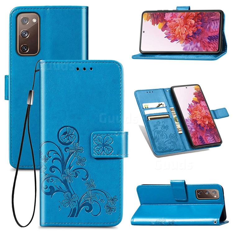 Embossing Imprint Four-Leaf Clover Leather Wallet Case for Samsung Galaxy S20 FE / S20 Lite - Blue