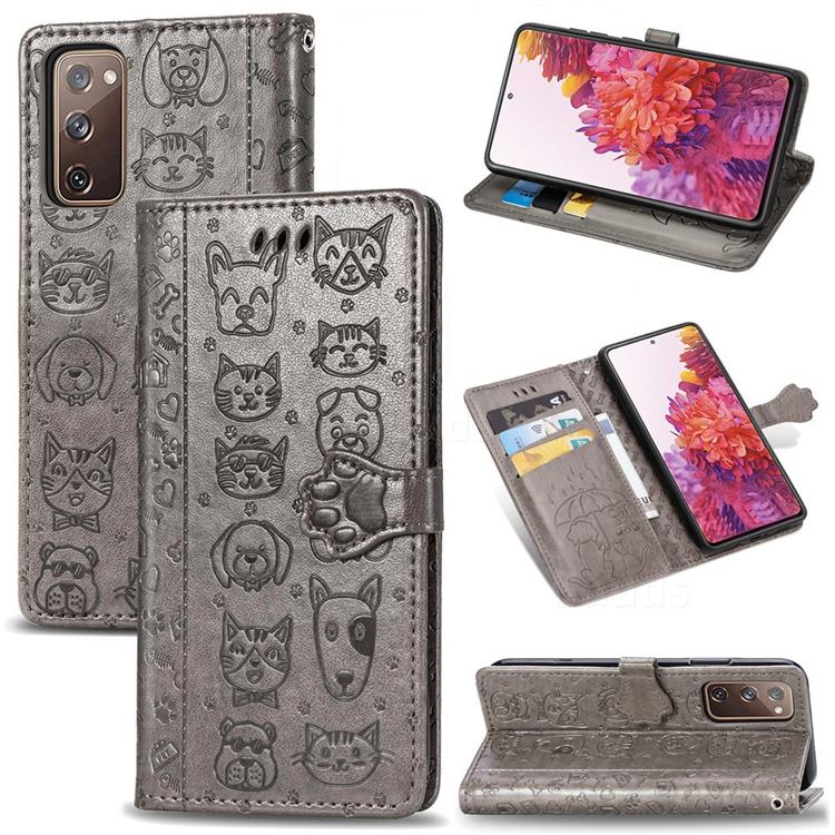 Embossing Dog Paw Kitten and Puppy Leather Wallet Case for Samsung Galaxy S20 FE / S20 Lite - Gray