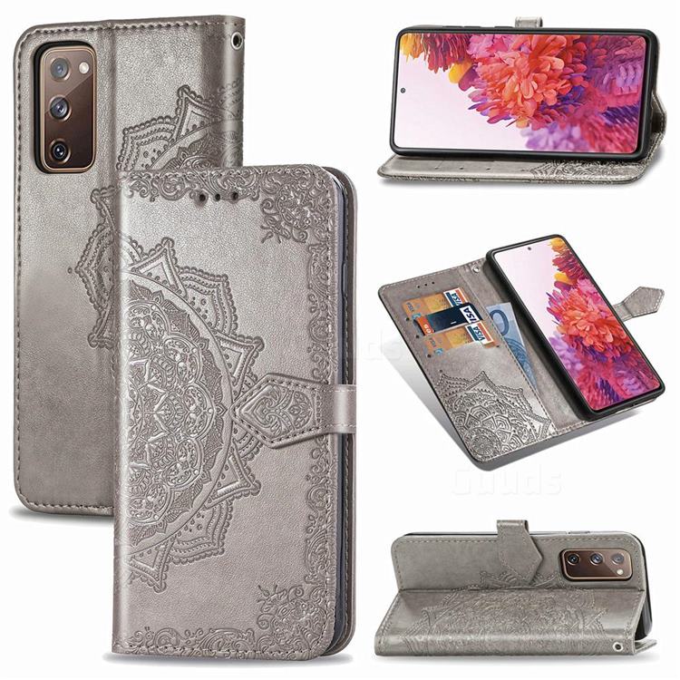 Embossing Imprint Mandala Flower Leather Wallet Case for Samsung Galaxy S20 FE / S20 Lite - Gray