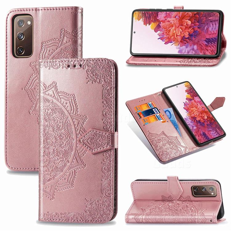 Embossing Imprint Mandala Flower Leather Wallet Case for Samsung Galaxy S20 FE / S20 Lite - Rose Gold