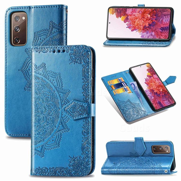 Embossing Imprint Mandala Flower Leather Wallet Case for Samsung Galaxy S20 FE / S20 Lite - Blue