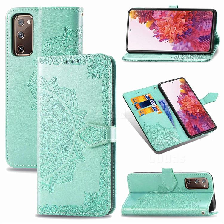 Embossing Imprint Mandala Flower Leather Wallet Case for Samsung Galaxy S20 FE / S20 Lite - Green