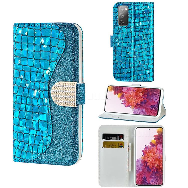 Glitter Diamond Buckle Laser Stitching Leather Wallet Phone Case for Samsung Galaxy S20 FE / S20 Lite - Blue