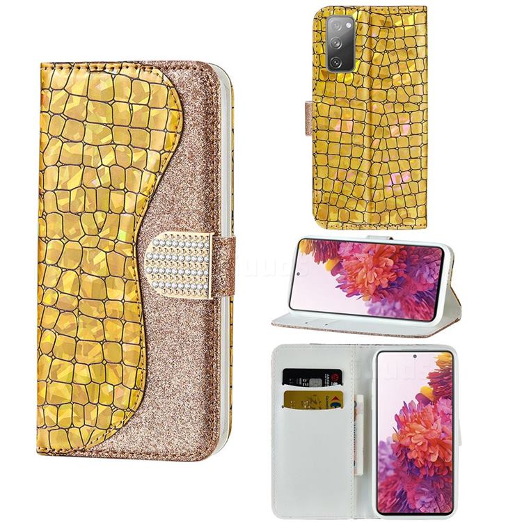 Glitter Diamond Buckle Laser Stitching Leather Wallet Phone Case for Samsung Galaxy S20 FE / S20 Lite - Gold
