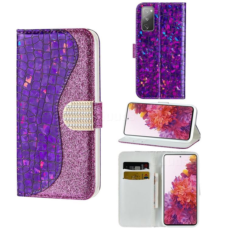 Glitter Diamond Buckle Laser Stitching Leather Wallet Phone Case for Samsung Galaxy S20 FE / S20 Lite - Purple