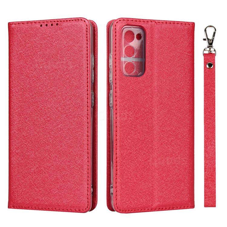 Ultra Slim Magnetic Automatic Suction Silk Lanyard Leather Flip Cover for Samsung Galaxy S20 FE / S20 Lite - Red