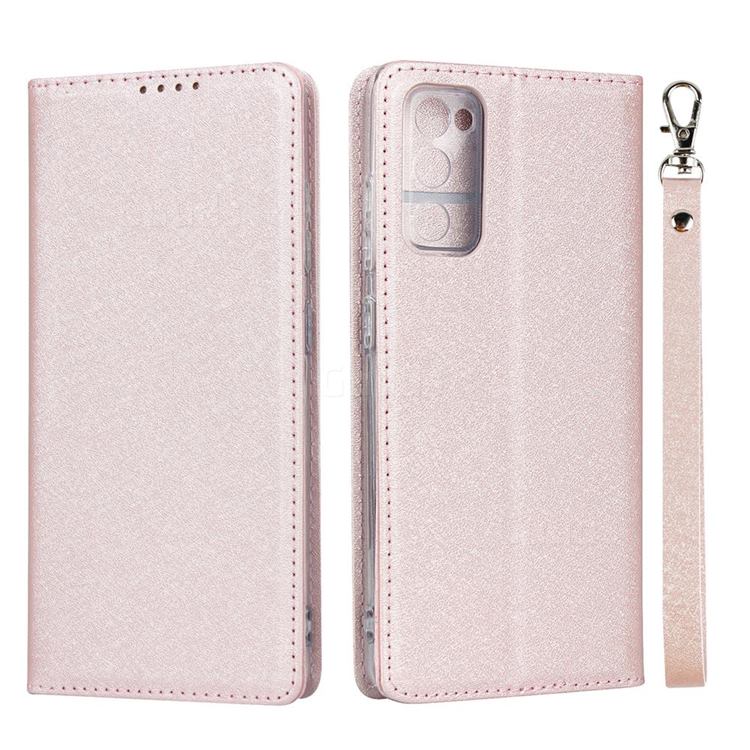 Ultra Slim Magnetic Automatic Suction Silk Lanyard Leather Flip Cover for Samsung Galaxy S20 FE / S20 Lite - Rose Gold
