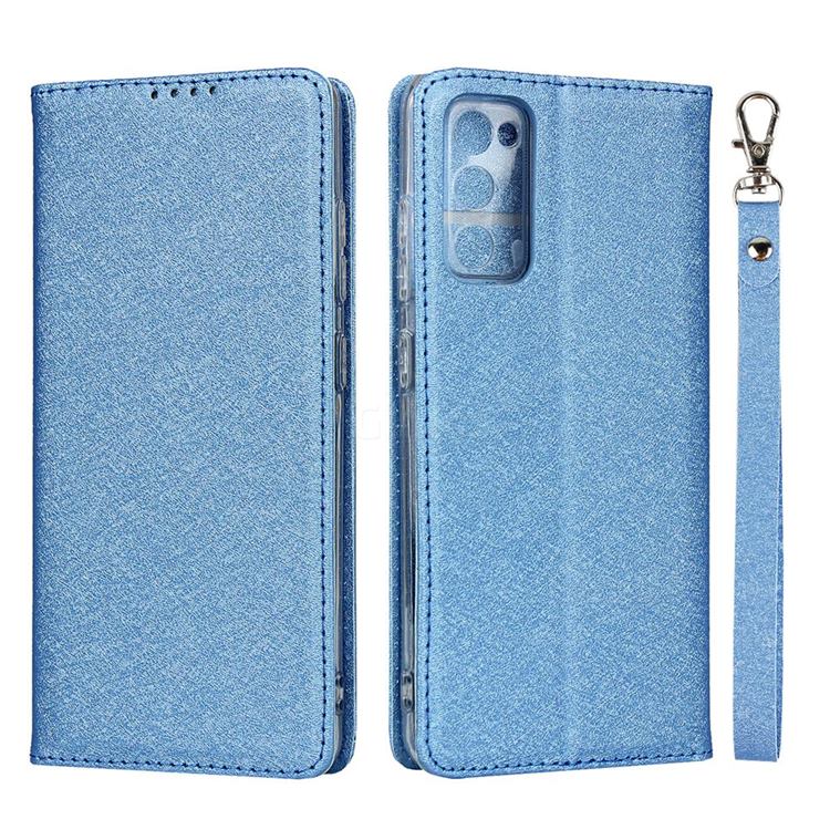 Ultra Slim Magnetic Automatic Suction Silk Lanyard Leather Flip Cover for Samsung Galaxy S20 FE / S20 Lite - Sky Blue