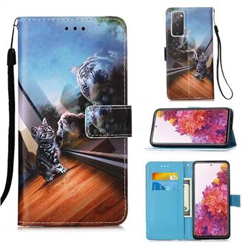 Mirror Cat Matte Leather Wallet Phone Case for Samsung Galaxy S20 FE / S20 Lite