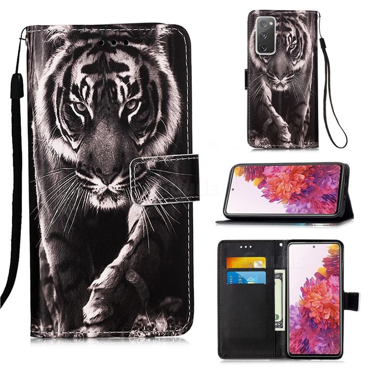 Black and White Tiger Matte Leather Wallet Phone Case for Samsung Galaxy S20 FE / S20 Lite