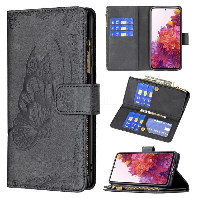 Binfen Color Imprint Vivid Butterfly Buckle Zipper Multi-function Leather Phone Wallet for Samsung Galaxy S20 FE / S20 Lite - Black