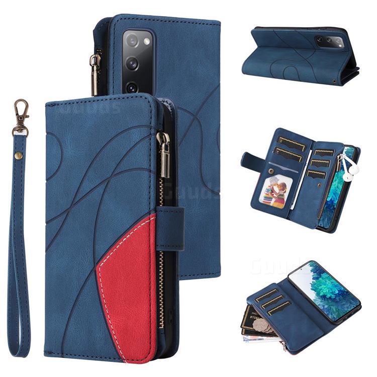 Luxury Two-color Stitching Multi-function Zipper Leather Wallet Case Cover for Samsung Galaxy S20 FE / S20 Lite - Blue