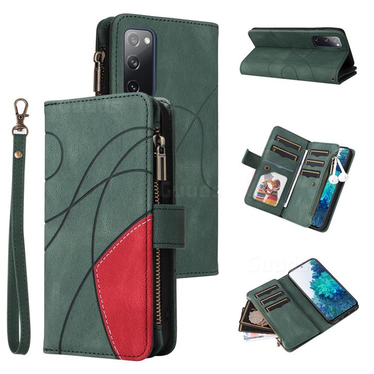 Luxury Two-color Stitching Multi-function Zipper Leather Wallet Case Cover for Samsung Galaxy S20 FE / S20 Lite - Green