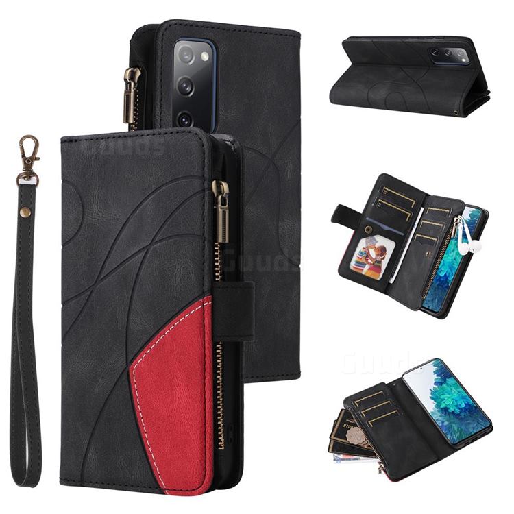 Luxury Two-color Stitching Multi-function Zipper Leather Wallet Case Cover for Samsung Galaxy S20 FE / S20 Lite - Black