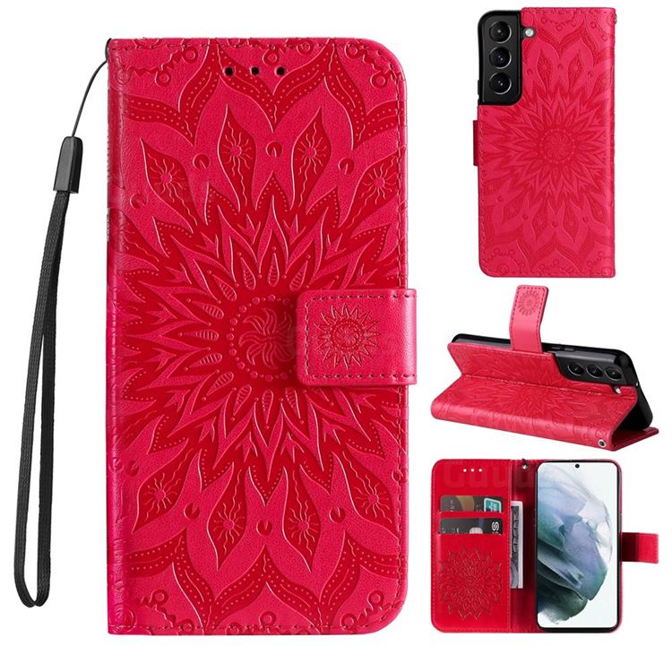Embossing Sunflower Leather Wallet Case for Samsung Galaxy S22 - Red