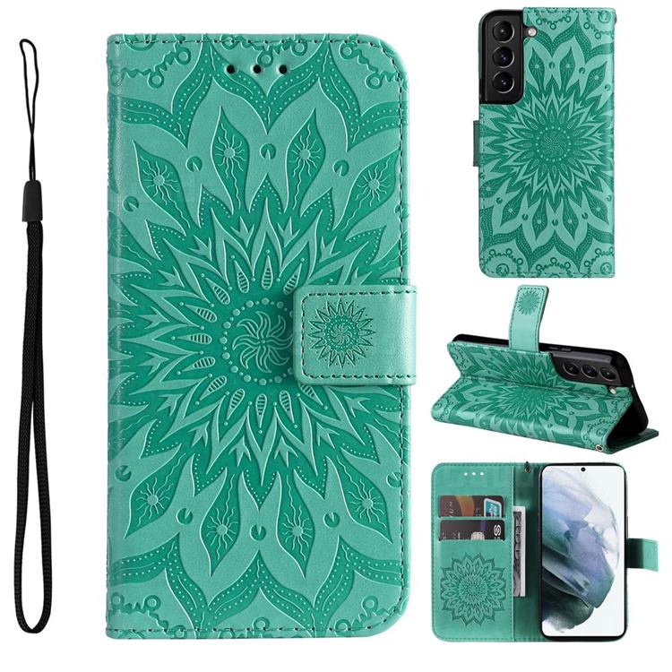 Embossing Sunflower Leather Wallet Case for Samsung Galaxy S22 - Green