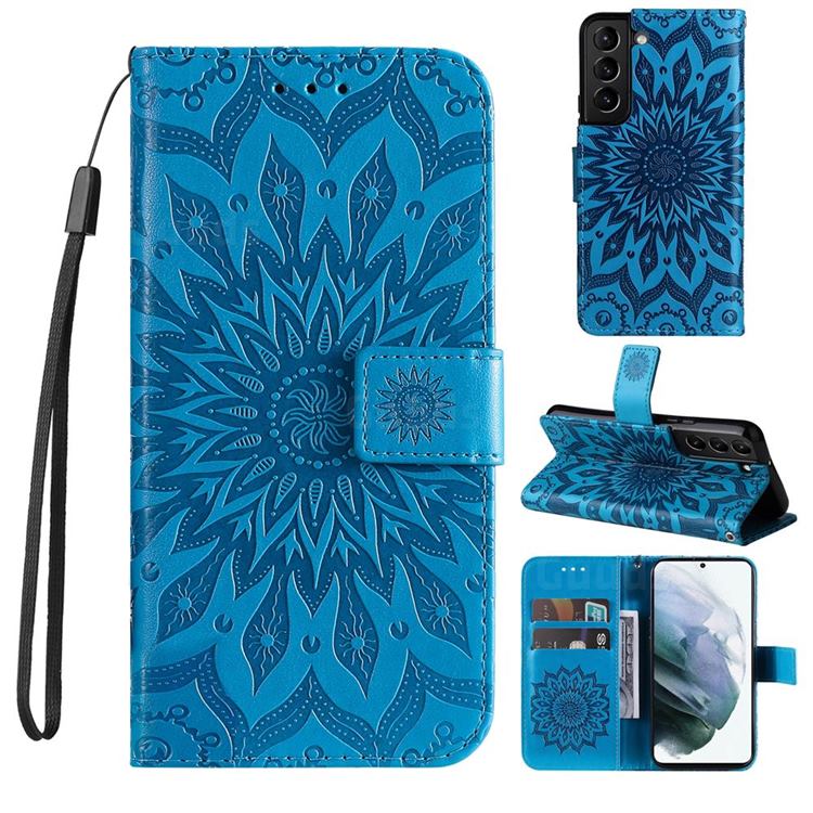 Embossing Sunflower Leather Wallet Case for Samsung Galaxy S22 - Blue