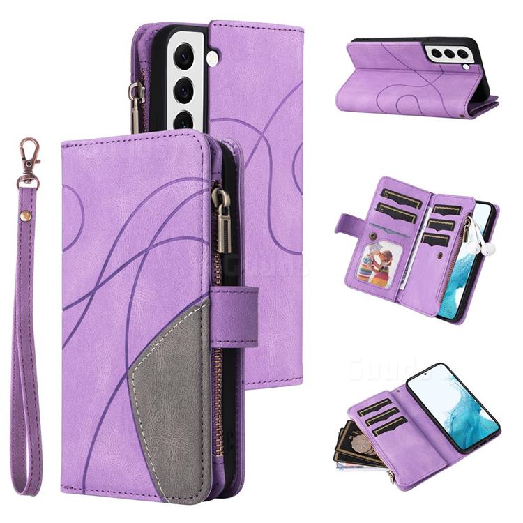 Luxury Two-color Stitching Multi-function Zipper Leather Wallet Case Cover for Samsung Galaxy S22 - Purple
