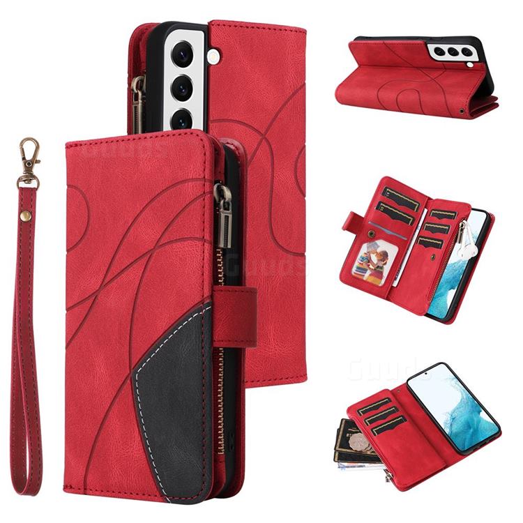 Luxury Two-color Stitching Multi-function Zipper Leather Wallet Case Cover for Samsung Galaxy S22 - Red